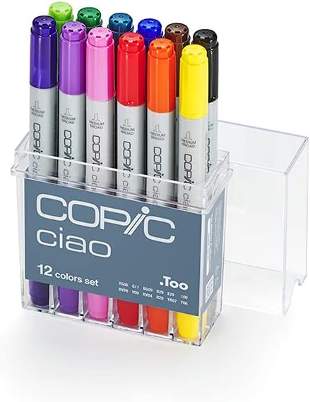 Copic Ciao, Alcohol Markers, 12 Basic Color Set - Dual Brush Tip Art Marker for Adults/Teen Artists & Creators, Blendable Markers for Coloring Drawing & Illustration Art