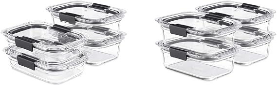 Rubbermaid Brilliance Glass Storage Set of 4 Food Containers, Clear & Brilliance Glass Storage 3.2-Cup Food Containers with Lids, 4-Pack (8 Pieces Total), BPA Free and Leak Proof, Medium, Clear