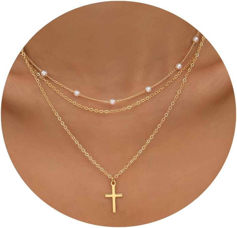Dainty Layered Pearl Necklace 14K Gold Plated Simple Cross Pendant Necklace Cute Pearl Thin Chain Necklace Small Tiny Faux Pearl Choker Necklaces for Women Pearl Wedding Jewelry Gift
