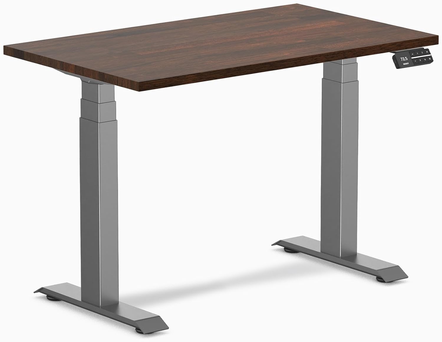 Small Electric Standing Desk, 40 x 24 inches Rubberwood Height Adjustable Sit Stand Desk with Dual Motor and Memory Presets, Compact Home Office Workstation – Dark Walnut Wood Top