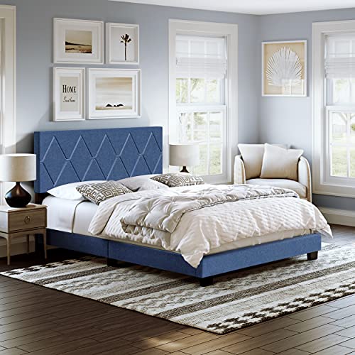 Boyd Sleep Diamond Upholstered Platform Bed Frame with Headboard, Mattress Foundation Required: Linen, Blue, King