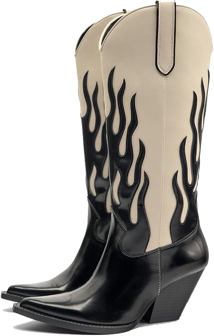 YIYA Women's Black and Ivory Flame Pattern Western Cowboy Boots Pointed Toe Chunky Heel Mid Calf Pull On Cowgirl Boots