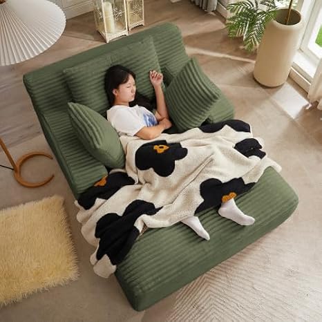 50 Inches Chaise Lounge Indoor,Oversized Chaise Lounge Chair with 3 Throw Pillows and Armrests,Corduroy Upholstered Plush Sofa Bed Lazy Chair Bed Sleeper Chair for Living Room Apartment (Green)