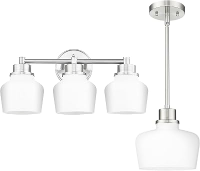 Emak Brushed Nickel Light Fixtures with Milk Glass Shade, Set of 2 Matching Bundle, Vanity Light & Pendant Light, VL122-BN-ML-3, PL122-BN-ML