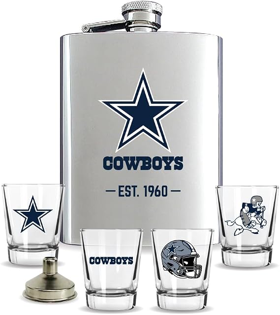 DENCO NFL Dallas Cowboys Flask and Shot Glass Set, Silver Stainless Steel, 8oz Flask with Four 2oz Glasses, Team Logo Design