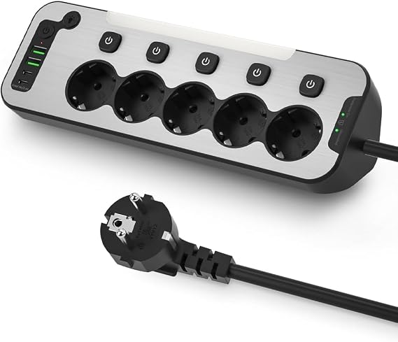 Bağımsız Anahtarlı 5'li Işıklı Akım Korumalı Çoklu Priz 4000W, 2x USB - 2x Type-C Giriş, Metal Ön Panel Uzatma Kablosu Köşe Beşli Priz, Topraklı, 2 Metre Kablo