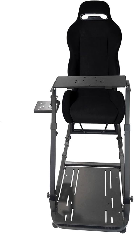 Fit Logitech G29 Thrustmaster Blue Stitch Black Cloth Racing Seat | IKON MOTORSPORTS, W/ Adjustable Racing seat & Simulator Steering Wheel Stand