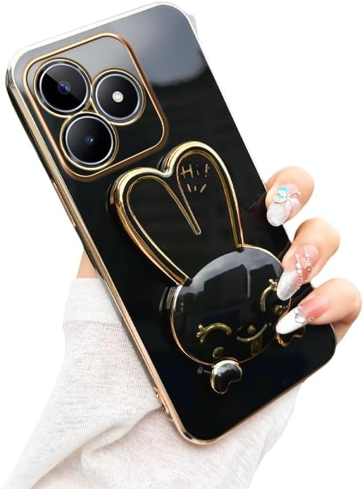 Silicone Case Compatible with Realme C53 Cover, with Rabbit Folding Holder Luxury Electroplated Soft Anti-Drop for Women Men Protective Shell for Realme C53 Cover (Black)
