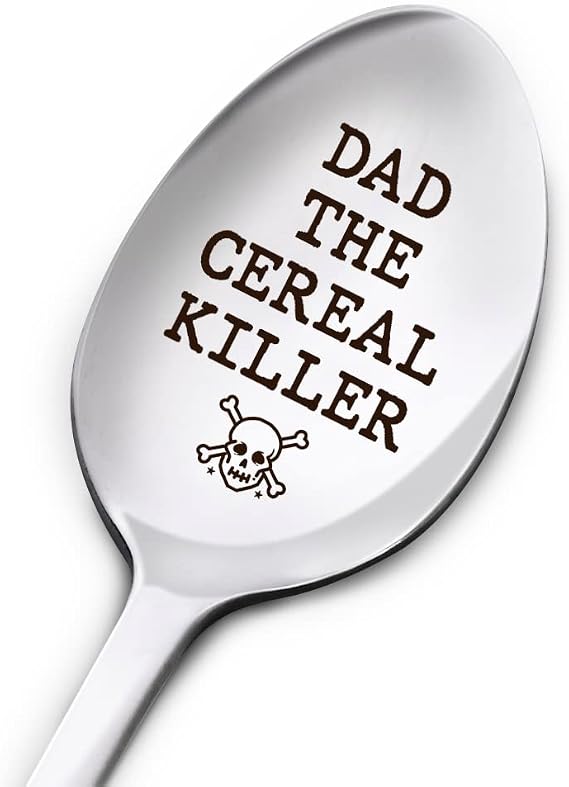 Funny Spoon Gift for Dad, The Cereal Killer, Fathers Day Birthday Thanksgiving Christmas Gifts for Best Dad Ever, Dad Gifts from Daughter Son Kids, Engraved Stainless Steel Spoon Gifts for Dad Father