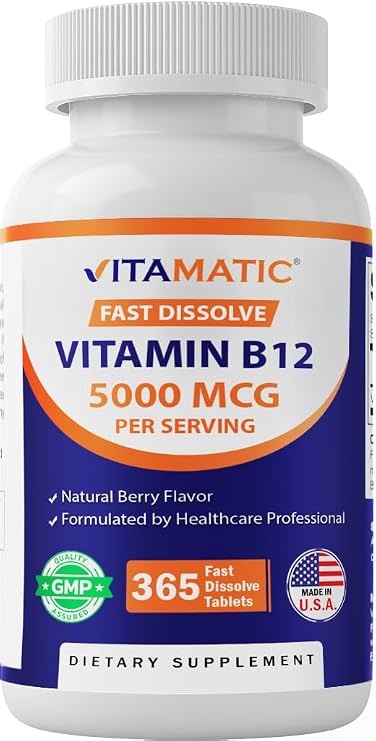 Vitamatic Vitamin B12 5000 mcg, 365 Fast Dissolve Tablets, Made in USA | Support Energy Metabolism, Nervous System Health and Healthy Red Blood Cell Formation*, Gluten-Free