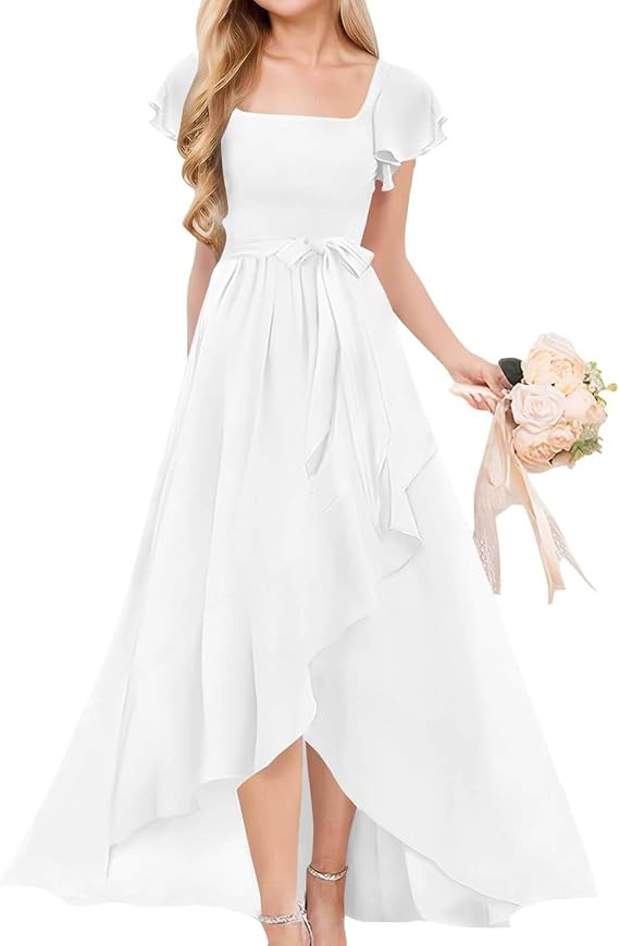 Girls Dress Formal Party Wedding Guest Dress for Teen Girl Ruffle High-Low Hem Maxi Sundress Lace Up Waist Dresses