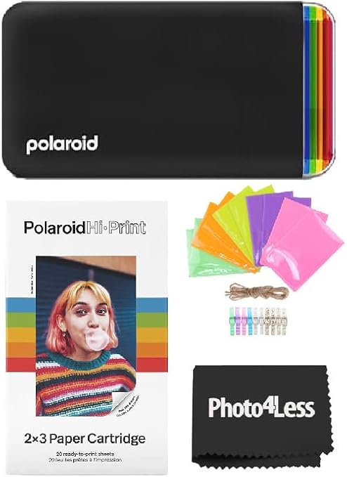 Polaroid Hi-Print - 2nd Generation Bluetooth Connected 2x3 Pocket Photo Dye-Sub Printer - Black (9128) Bundle with Hi-Print 2x3 Paper - 20 Photos (6355), Hanging Photo Frames, and More