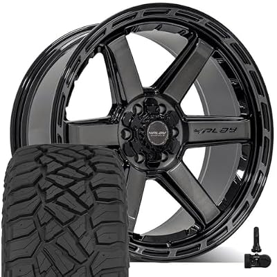 4PLAY Wheels 4P63 22 Inch Rims and Tires Fit 6x135 & 6x139.7 22x10 Gloss Black Brushed with Tinted Clear - TerraMax RT 33x12.5022 Set of 4