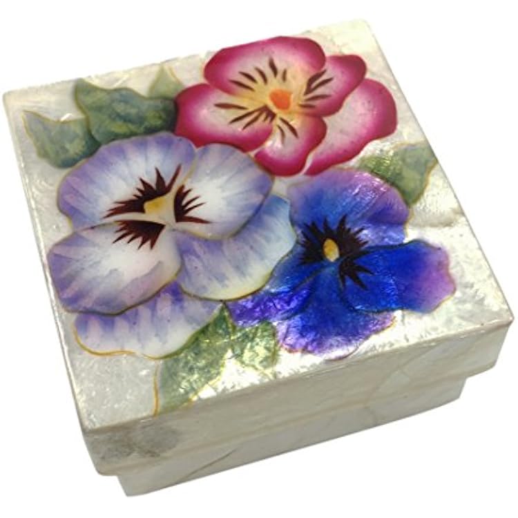 NIANWUDU Pansy Blossoms Capiz Shell Keepsake Jewelry Box, 3 Inches Square