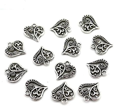 15 PCS Filigree Heart Shape Alloy Charms Antique Tibetan Beads Necklace Pendant Spacers Clasps Earrings Bracelet Jewelry Making Accessories Bijoux Crafting (Antique Silver 13x13mm)