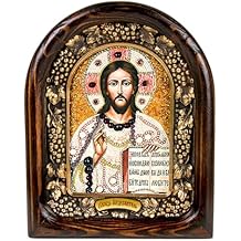 STP GOODS Beaded Orthodox Icon 9.1x7.5'' (23x19 cm) Handmade Orthodox Icon with Beads, Pearls, Natural stones, Christian Orthodox Icon, Wood Frame (Christ Pantocrator)