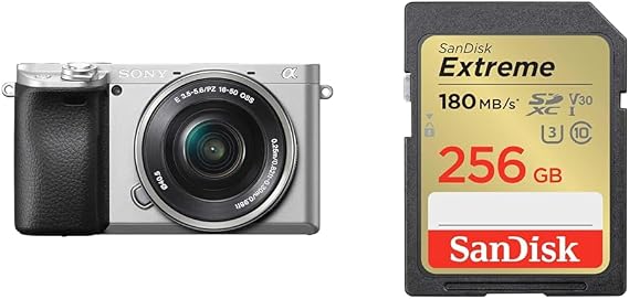 Sony APS-C Mirrorless SLR Camera α6400 Power Zoom Lens Kit Included Lens: SELP1650, Silver ILCE-6400L S + SanDisk Genuine SD Card, 256GB SDXC Class 10, UHS-I U3, V30, SanDisk Extreme SDSDXVV