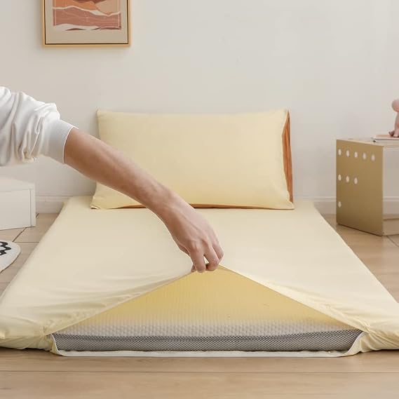 Japanese Futon Mattress Cover for Full Queen King Twin Size Futon Floor Mattress Cover with Zipper Sleeping Pad Dustproof Cover for Bedroom Dormitory RV Washable (Dream Yellow,Full:120x200cm/47x79in)