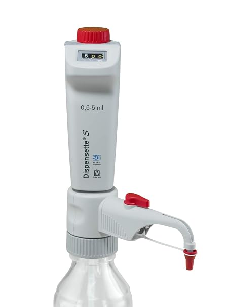 BRANDTECH Scientific 4600331 Dispensette S Digital Bottletop Dispenser with Recirculation Valve, 0.5 mL-5 mL Capacity