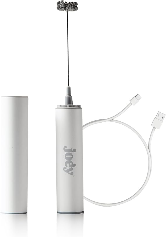 Joe'y Electric Milk Frother, USB Rechargeable Handheld Mixer, Dual Speed Stainless Steel Frother Wand with Double Whisk for Coffee, Lattes, Matcha, Includes Travel Case, Coffee Bar Accessories, White