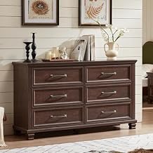 SAVOR LIFE Farmhouse 6 Drawer Dresser for Bedroom, 54 inch Wide Large Vintage Chest of Drawers with Square Solid Wood Legs, Rustic TV Stand for Living Room, Wooden Storage Dressers for Hallway, Walnut