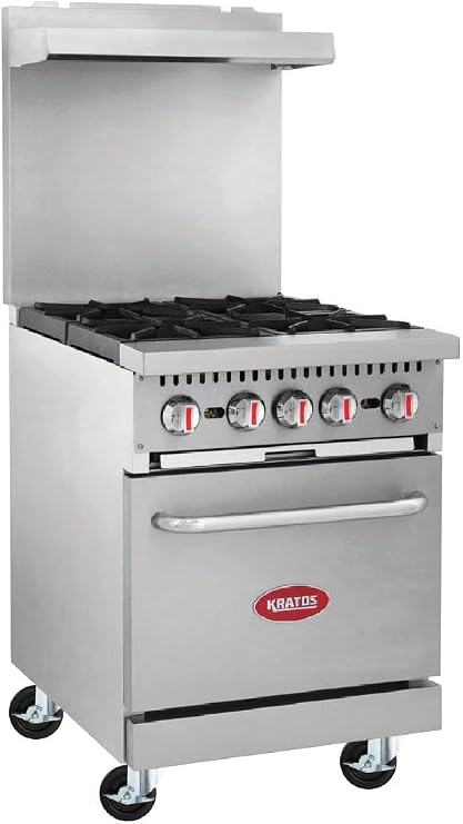 Kratos 24" Wide Commercial Gas Range with Four Burners and Standard Oven, Stainless Steel Mobile Range for Restaurants, 150,000 Total BTU, Natural Gas