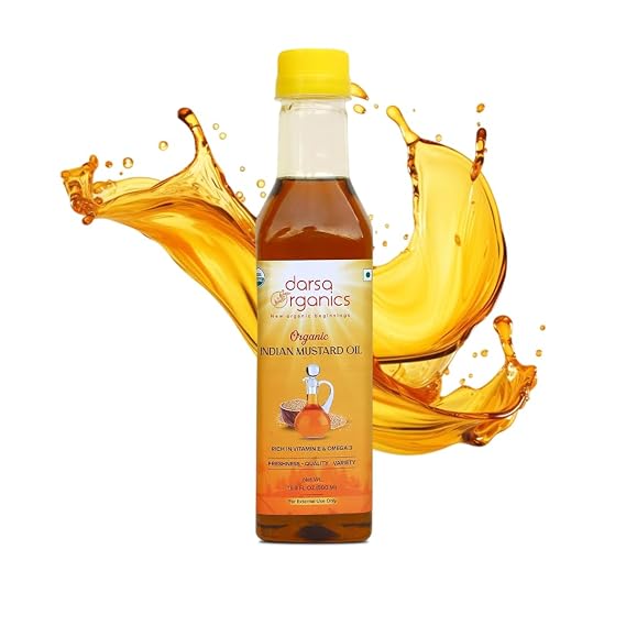 Darsa Organics Cold-Pressed Mustard Oil 16.9 oz (500ml) USDA Organic, Unrefined & Chemical-Free, Rich in Vitamin E & Omega-3, Great for Hair & Skin Care, Natural Massage & Remedies