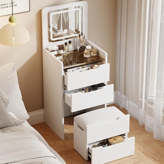 3 in 1 Vanity Desk with Stool - Glass Top Vanity Desk with Plip Top LED Illuminated Mirror and 3 Storage Drawers, Compact Vanity with Storage Compartments, Vanities for Bedrooms
