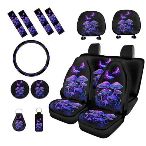 15 Pack Car Seat Cover Full Sets, Mushroom Butterfly Print Front Rear Seat Cover Steering Wheel Cover Seat Belt Cover Car Headrests Cover Car Coaster Keychain, All Weather Protector