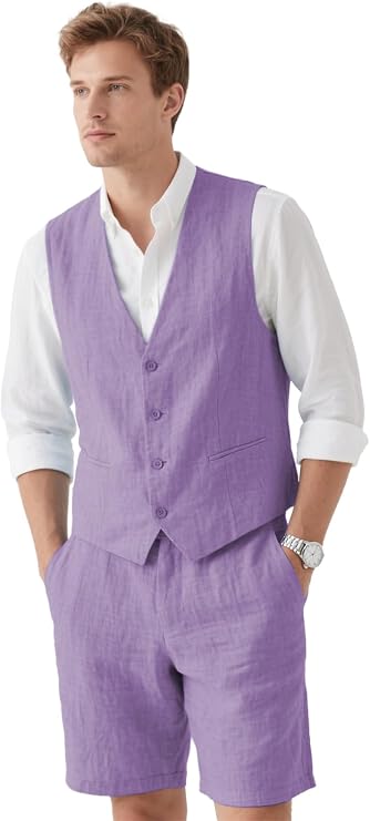 Mens Linen Vest Short Pants Set 2 PC Slim Fit Groomsmen Tuxedos Mens Summer Beach Wedding Suit