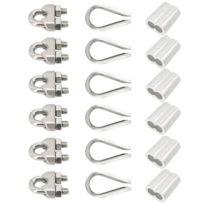 Alamic Wire Rope Accessory Set 304 Stainless Steel M3 Wire Rope Cable Clamps Stainless Steel Thimble and Aluminum Crimping Loop for 18 Inch Wire Rope Cable