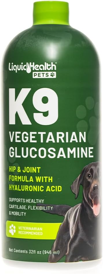 LIQUIDHEALTH 32 Oz K9 Vegetarian Liquid Glucosamine for All Dogs Canines - Chondroitin, MSM, Omega 3, Anti Oxidants Hyaluronic Acid Joint Health, Dog Vitamins Hip Joint Juice, Joint Oil