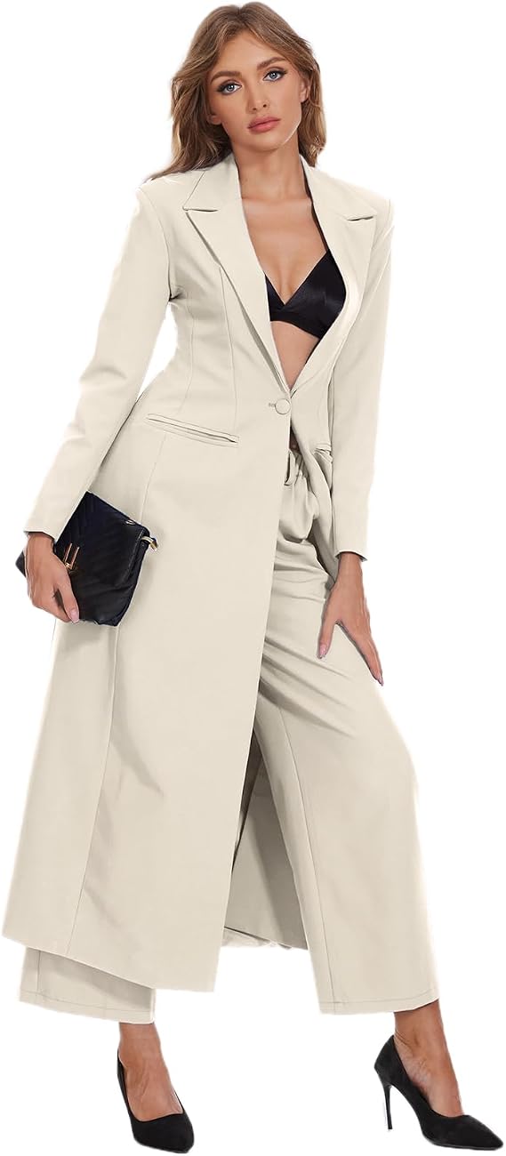 Women's Long Suit 2 Piece Blazer Jacket Pants Slim Fit 1 Button High Street Luxury Womens Clothing Pant Sets