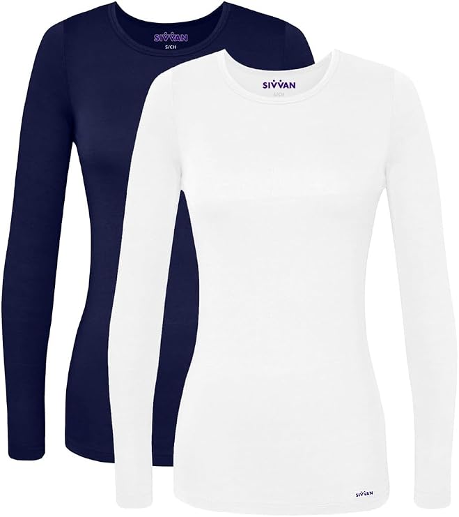 Sivvan Scrubs for Women - Long Sleeve Comfort Underscrub Tee Multicolor 2-Pack - S85002M - Navy/White - XL