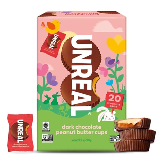 Unreal Dark Chocolate Easter Peanut Butter Cups | 5g Sugar | Certified Vegan, Gluten Free, Fair Trade, Non-GMO | No Sugar Alcohols or Soy | Easter Gift Box, 10.6oz (Pack of 1)