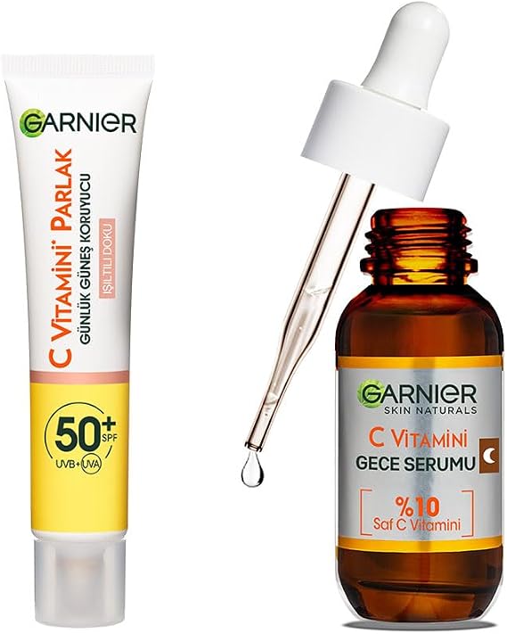 Garnier Vitamin C Bright Daily UV Protected Sun Face Cream Spf50 Glitter Texture 40ml & Vitamin C Super Brightening Night Serum 30 Ml Skin Care Set