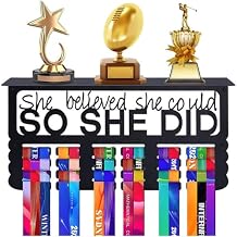Medal Holder Display with Trophy Shelf, Wall Mount Sports Medal Hanger Upgraded Trophy Shelf Organizer for Gymanstics, Race Bib Holder Rack for Running, Marathon, Cycling, Swimming