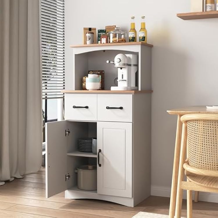 Kitchen Pantry Cabinet with Doors and Drawers, Storage Cabinet with Microwave Stand, Coffee Bar Hutch Cupboard Cabinet for KitchenDining RoomLiving Room