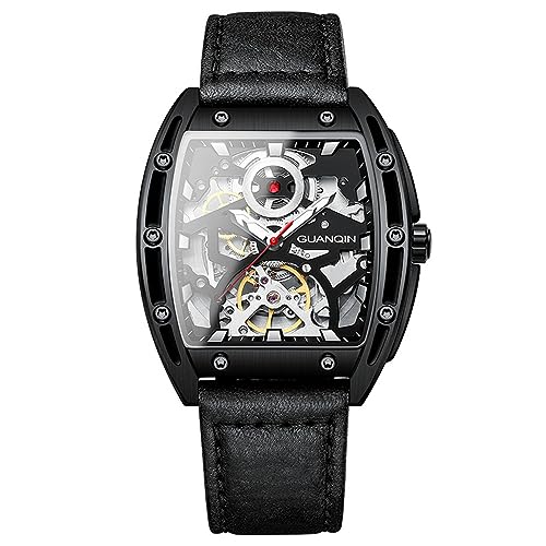 GUANQIN Vintage Men Skeleton Dial Automatic Self-Wind Mechanical Watch Sapphire Crystal Business Double-Sided Hollow Waterproof Clock Man Genuine Leather Tonneau-Shaped Luminous Wristwatch
