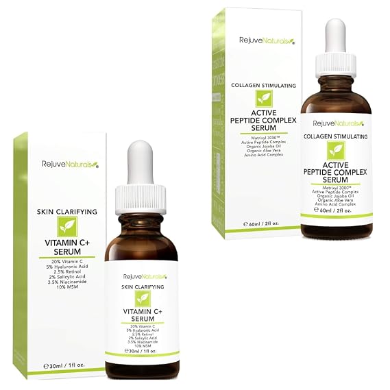 RejuveNaturals Vitamin C + Retinol Serum (1oz) & Peptide Complex Serum with Matrixyl 3000 (2oz) | Complete Anti-Aging & Brightening Bundle | Fade Dark Spots, Firm Skin, Smooth Wrinkles | Collagen & Hy