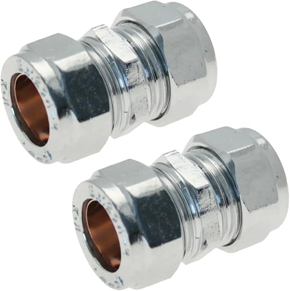 PlumbEZ WRAS 15mm Chrome Plated Compression Straight Connectors 2 Pack BS EN 1254-2 Compliant Coupling Plumbing Fittings for Copper Pipe, Ideal for 15mm Copper Pipe Connections
