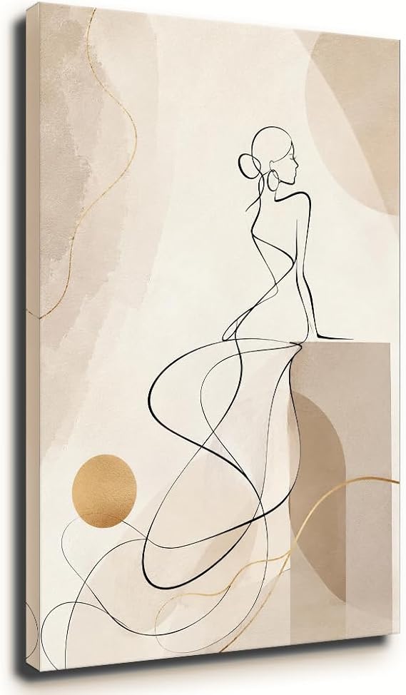 Abstract Lady Silhouette Minimalist Line Canvas Wall Art Elegant Woman Profile Painting Beige Plant Poster Gold Foil Geometry Picture for Living Room Bedroom Wabi Sabi Home Decor (Framed,24x36in)