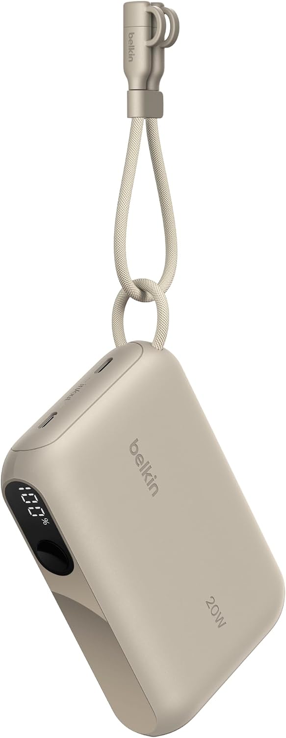 Belkin Taşınabilir Şarj Cihazı, 10K mAh USB-C İnce Güç Kaynağı, 2 USB-C Port, Dijital Pil Göstergesi, 20W Hızlı Şarj, iPhone 16, 15 Serisi, Samsung Galaxy S25, S24, Pixel 9, iPad ve Fazlası, Kum Rengi
