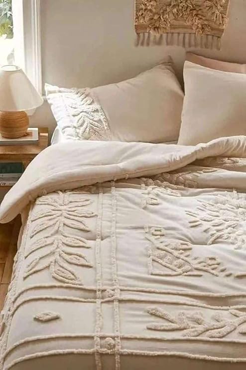 Boho Chic Tufted Comforter Set with Zipper Closure- Soft Textured Bedding with Floral Design for Cozy Home Decor (Queen Size 90 x 90)