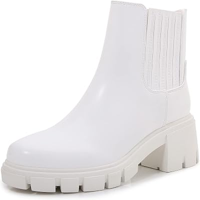 mm Womens Platform Ankle Boots Round Toe Elastic Chunky Block Mid Heel Zipper Chelsea Booties Lug Sole Non-Slip Faux Leather Shoes Fall Winter, White,Black