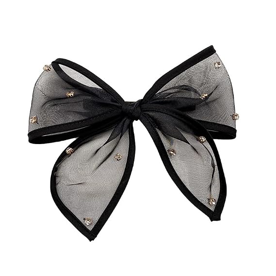 Black Bow Hair Clips for Women Girls Rhinestone Ribbon Bowknot Spring Hair Clips for Long Thick Hair French Tulle Bow Ponytail Holder Nonslip Metal Hair Barrette Snap Hairpins Hair Accessories