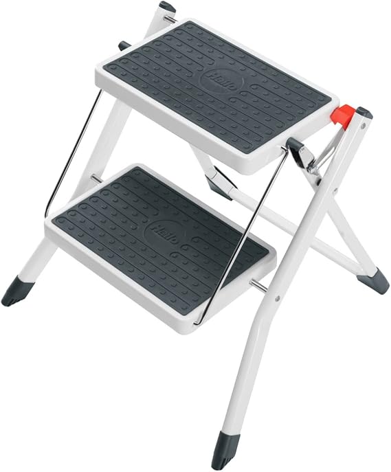 Hailo MK60 Mini Steel Step Stool - Two Large Anti-Slip Steps, 330 lb Capacity - Safety Release Button, Carry Handle - Easy Storage - White