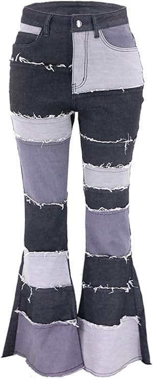 Atditama Womens Slim High Waisted Jeans Patched Distressed Hippie Wide Leg Denim Flared Bell Denim Pants