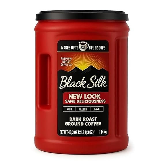 Black Silk Dark Roast Ground Coffee, 40.3 oz, Makes Up to 380 Cups, Includes 15ml Measuring Scoop