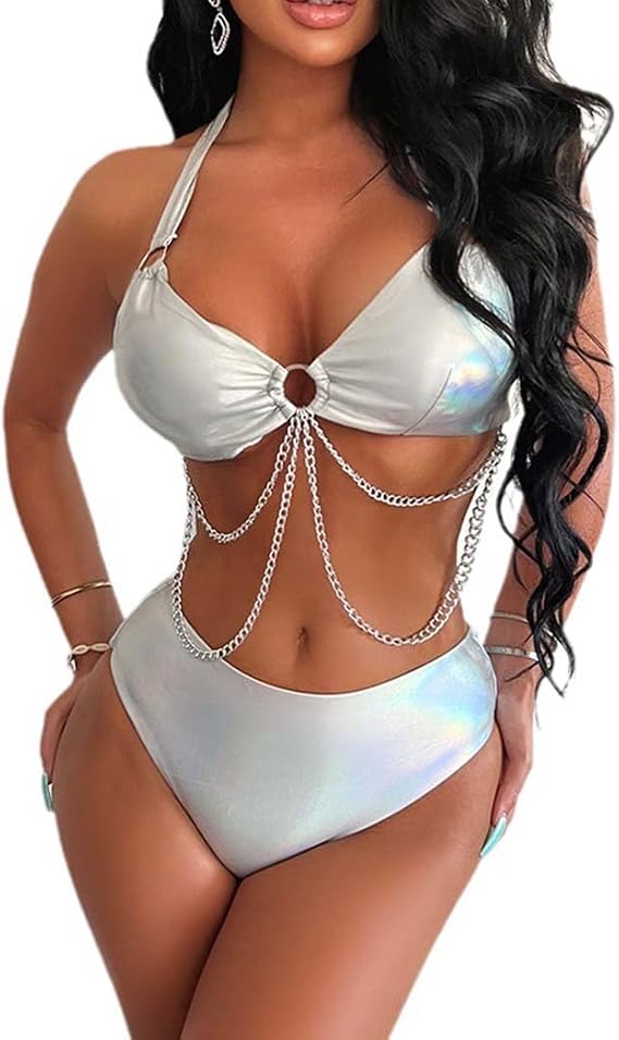 Women's Rave Metalic Bikini Set Shiny Snakeskin Print Bathing Suit Swimsuits Festivals